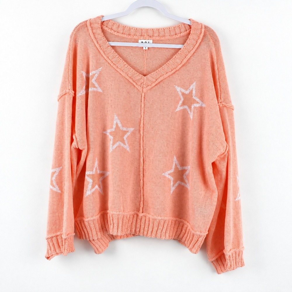 POL Womens Star Print V-Neck Oversized Knit Sweater Peach UST218 Size L
